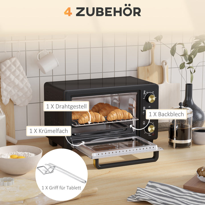 Miniovn, brødristerovn, timer, bagerist, bageplade, glasvindue, metal, sort