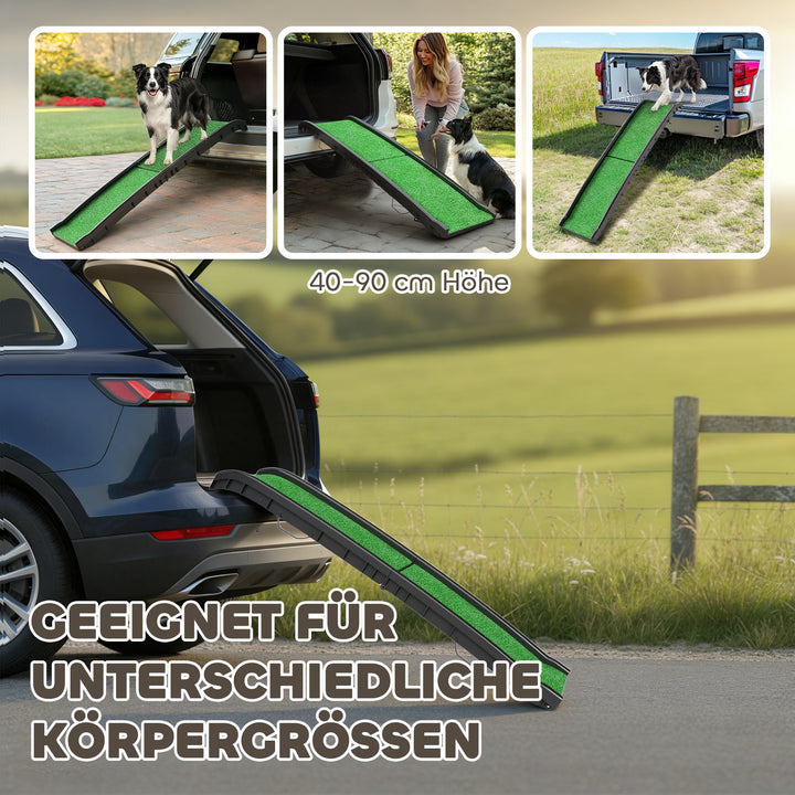 Sammenklappelig hunderampe, skridsikker hundetrappe, indstigningshjælp til bilbagagerum, til dyr op til 90 kg, 155x38,5x15,5 cm, sort