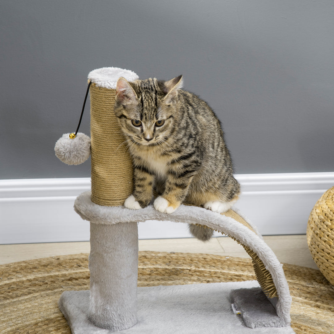 Kradsetræ til katte, jutebetræk, hængebold med klokke, kradsebræt, 34 x 24 x 43 cm, grå