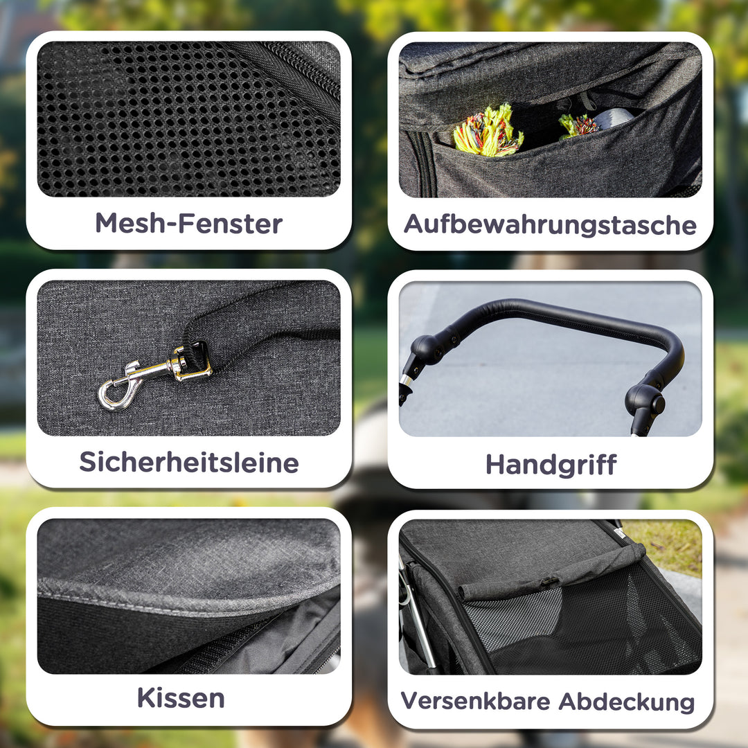 Hundeklapvogn, let og sammenklappelig transportvogn til små hunde, vaskbar hynde, netvindue, grå