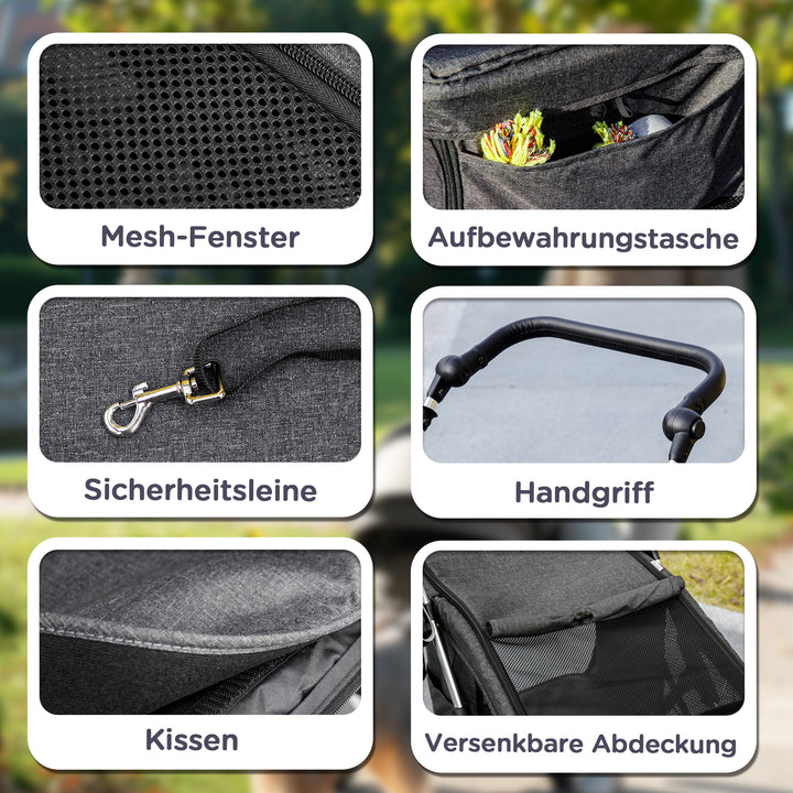 Hundeklapvogn, let og sammenklappelig transportvogn til små hunde, vaskbar hynde, netvindue, grå