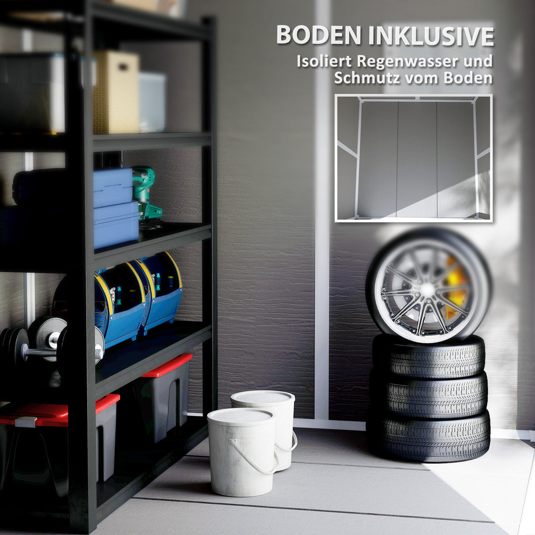 Haveskur, redskabsskur med gulv, aflåselige døre, ventilationsåbninger, vinduer, trælook, plastik, grå