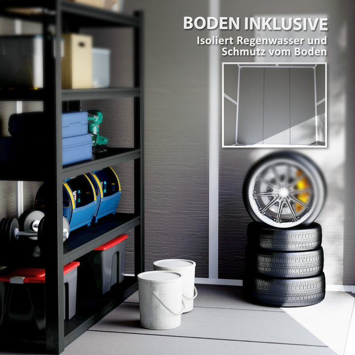 Haveskur, redskabsskur med gulv, aflåselige døre, ventilationsåbninger, vinduer, trælook, plastik, grå