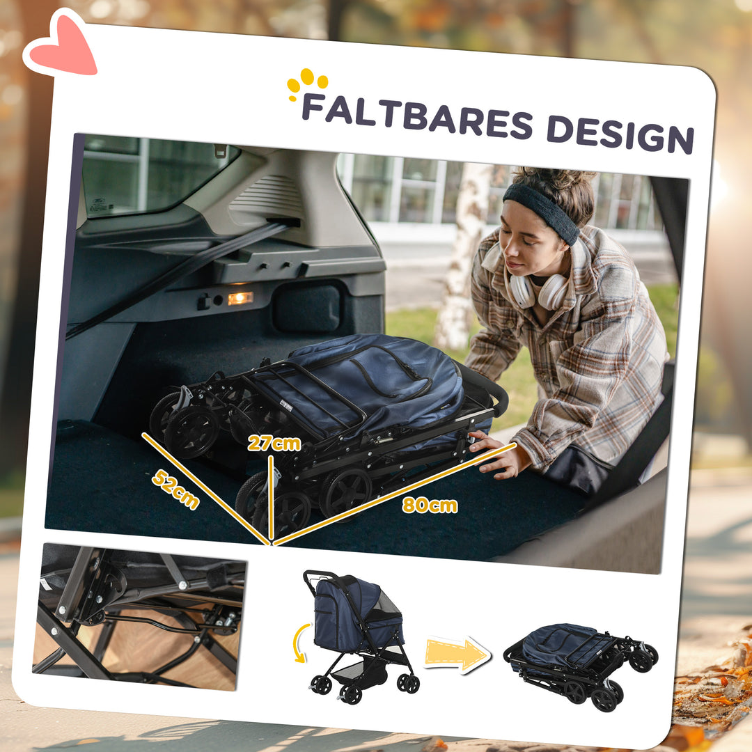 Hundeklapvogn op til 10 kg justerbar kaleche sammenklappelig gulvkurv 2 bremser sikkerhedsline blå