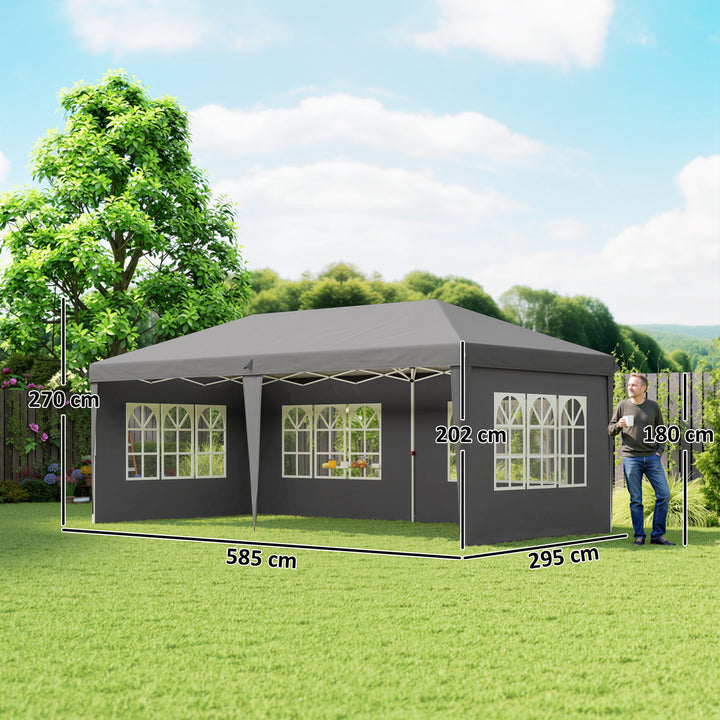 Pavillon ca. 3x6m Vandtæt Pop-up Foldepavillon med 4 sidepaneler, vindue, UV-beskyttelse, bæretaske grå