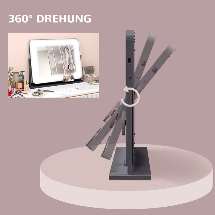 Makeupspejl med led-lys, usb-port, 3 tilstande, roterbar, sort