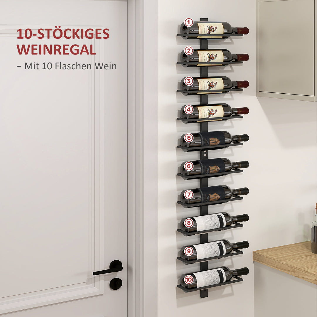 Vinreol, vægreol til 10 flasker vin, 10 hylder, metal, til køkken, stue, hjemmebar, sort