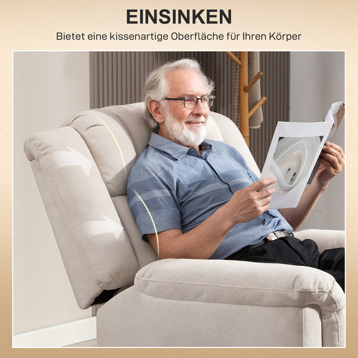 Powerlift-stol, massagestol med varmefunktion, polstret stol med fodstøtte, sidelomme, stofbetræk, beige