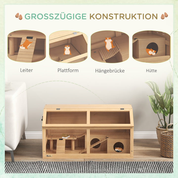 Hamsterbur til syriske hamstere og dværghamstere, med platform, hængebro og bur, 85x45x44 cm