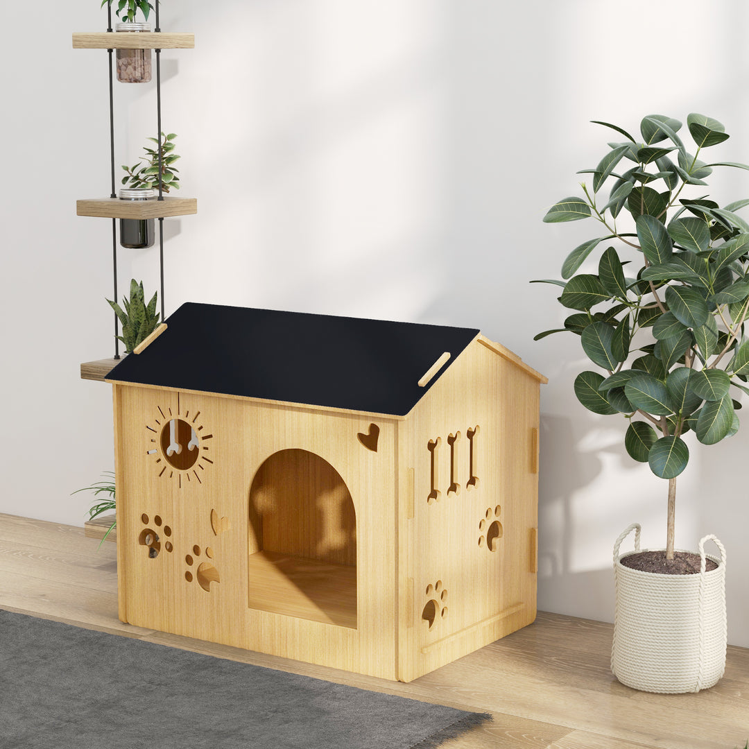 Hundehus, med ventilationsåbninger, vejrbestandigt, træmateriale, sort + træfarvet, 69 x 50 x 58,5 cm