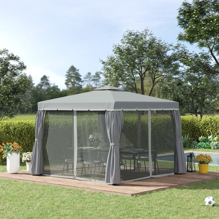 Havepavillon, 2,96 x 2,96 m, havetelt med dobbelttag, partytelt, festtelt med 4 sidepaneler, myggenet, vejrbestandig, aluminium, polyester, mørkegrå