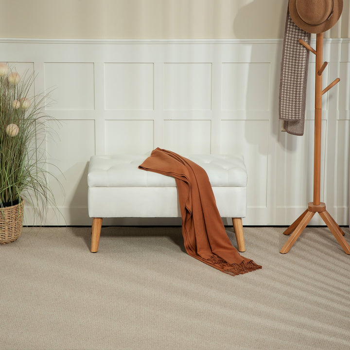 Polstret bænk med opbevaring, betræk af fløjlsstof, træben, til stue, soveværelse, entré, 80 x 35 x 40 cm, hvid