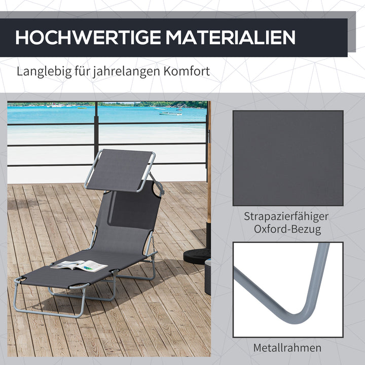 Sammenklappelig liggestol, havestol med solskærm, wellness-stol med justerbar ryglæn i 4 positioner, strandstol, lasteevne op til 120 kg, egnet til have, balkon og pool, 6 farver (grå)