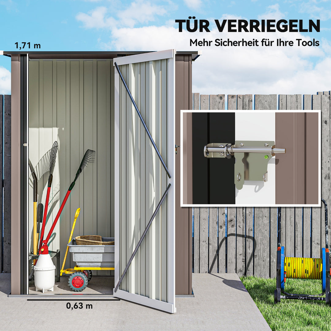 Haveskur 1,07 m² med skrånende tag, 142 x 86 x 189 cm, redskabsskur med aflåselig dør, havehus, stål, brun