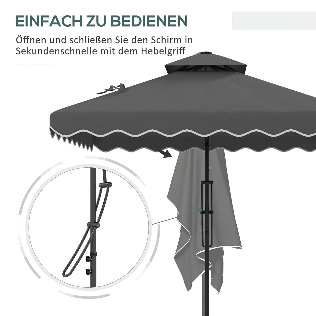 Haveparasol, fritstående parasol, dekorativ kant, ventileret tag, metalramme, 2,4x2,4x2,6m, mørkegrå