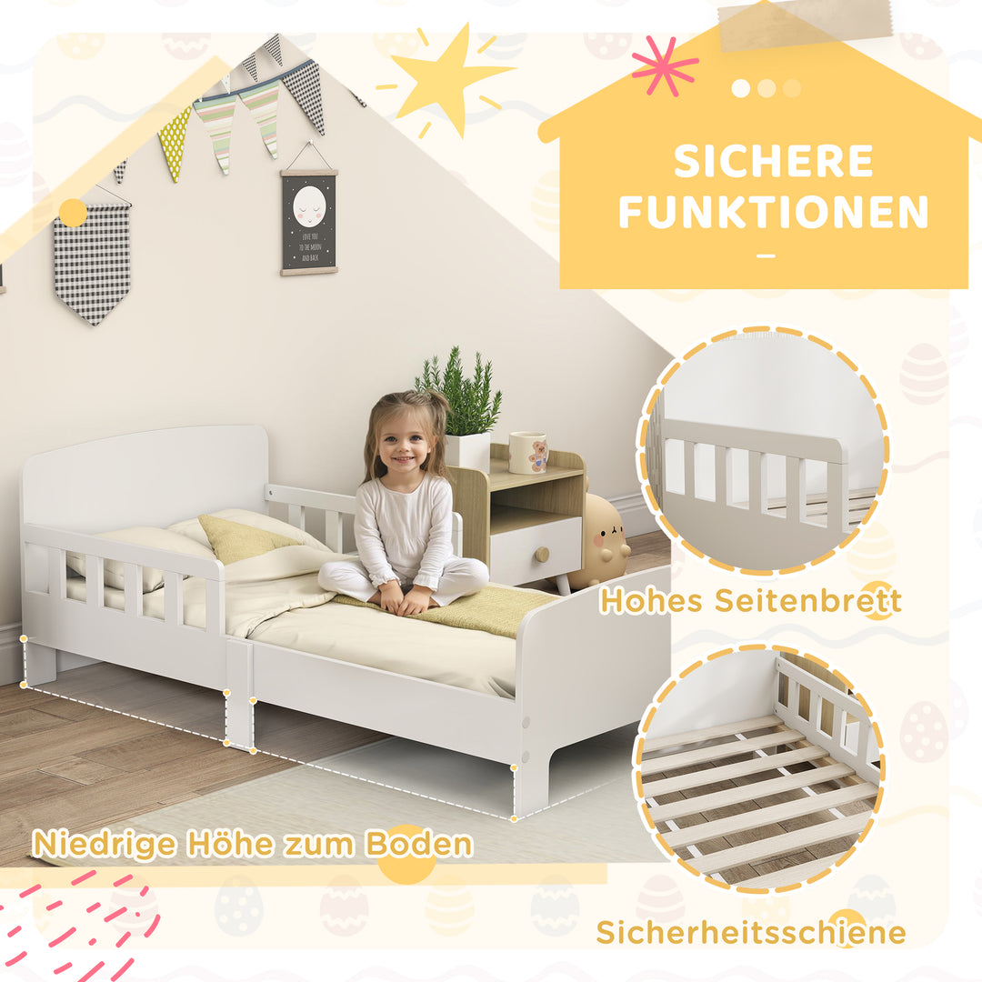 Børneseng med sengehest, småbørnsseng til børn i alderen 3-8 år, MDF, hvid