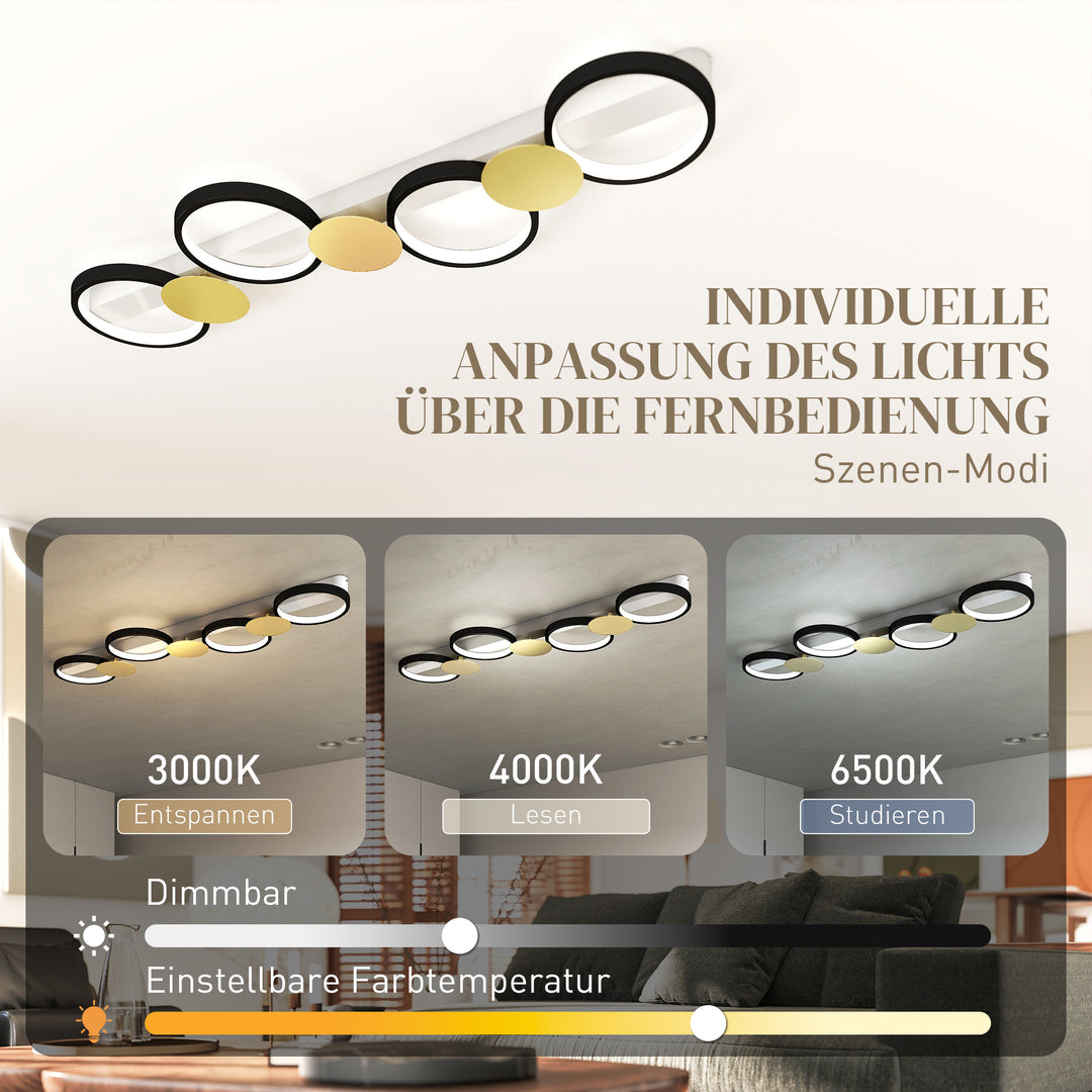 LED loftlampe 38W 1500LM 3000K-6500K, loftlampe til stue med 4 pærer, fjernbetjening, sort+guld