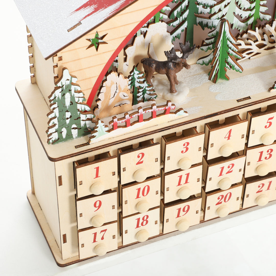 Adventskalender til udfyldning, 24 skuffer og rum, julekalender med LED-lys, naturtræ, 36 x 10 x 34 cm