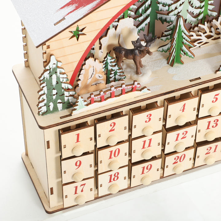 Adventskalender til udfyldning, 24 skuffer og rum, julekalender med LED-lys, naturtræ, 36 x 10 x 34 cm