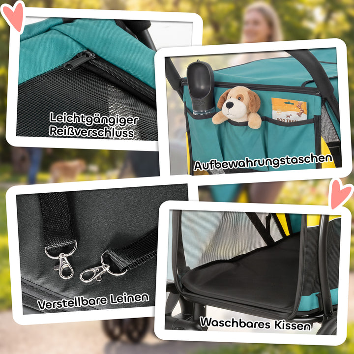 Sammenklappelig hundebåren/hundevogn til hunde op til 20 kg med hynde, netvinduer, baglomme, 92 x 63 x 95 cm, mørkegrøn
