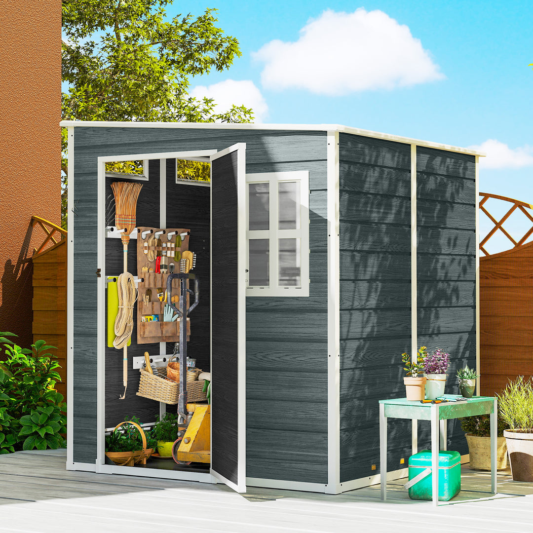 Haveskur 2,89 m², redskabsskur i trælook, 3 vinduer, ventilation, gulv, lås, handsker, 182 x 182 x 196 cm