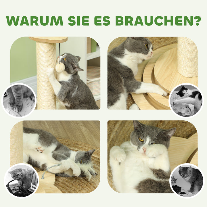 Kradsetræ til katte, 69 cm, sisal kradsetræ, boldløbebane, legebold, legefjeder, 4-i-1 design, cremehvid