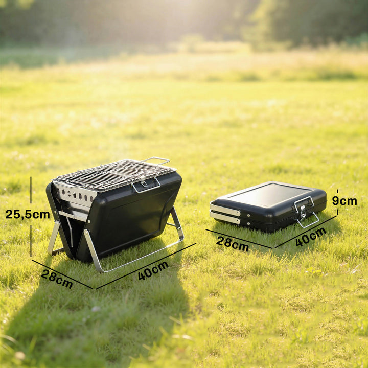 Rustfrit stål kulgrill BBQ-ryger med grillrist, håndtag og sammenklappelige ben til grill og camping, 40x28x25,5 cm, sort