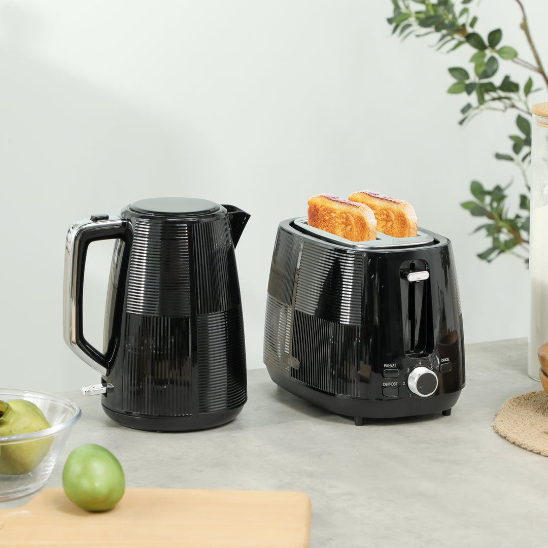 Elkedel- og brødristersæt, 1,7 L, forskellige funktioner, rustfrit stål, sort