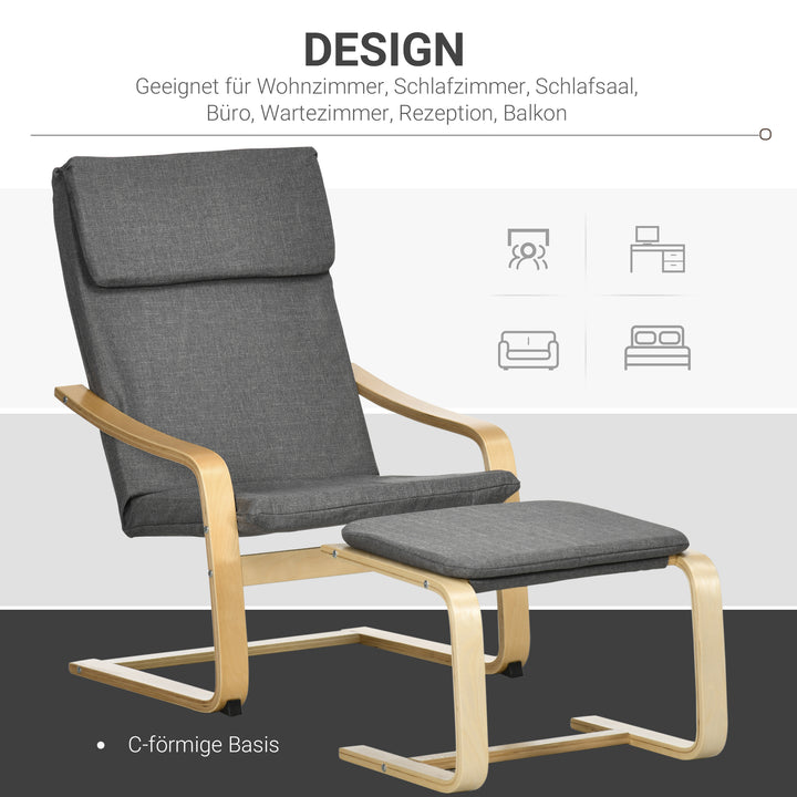 Lænestol med fodskammel, lænestolsæt, op til 120 kg, hørlook, massivt træ, grå + natur, 66,5 x 80 x 99 cm