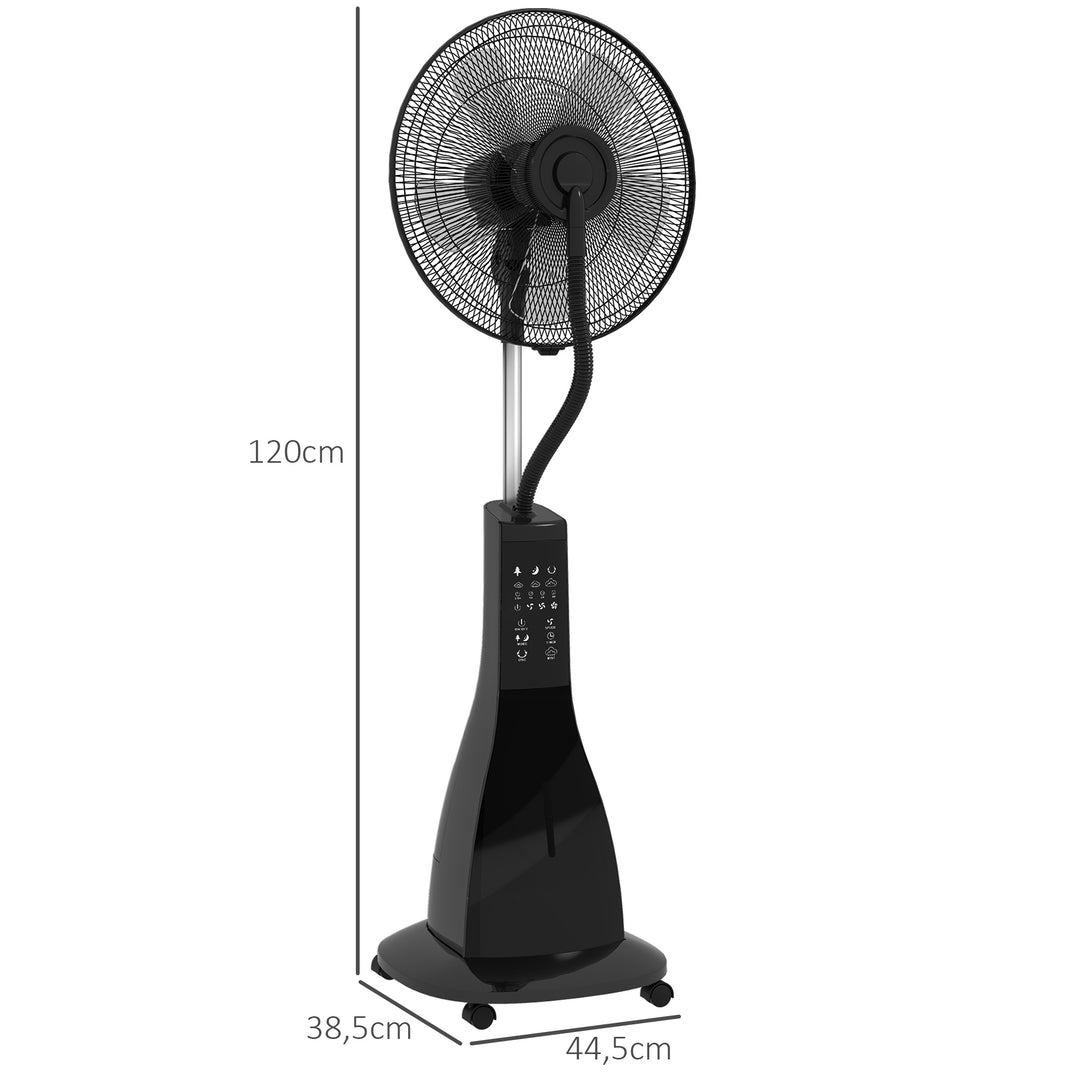 Sokkelventilator med befugtning, stille, bærbar, fjernbetjening, sort