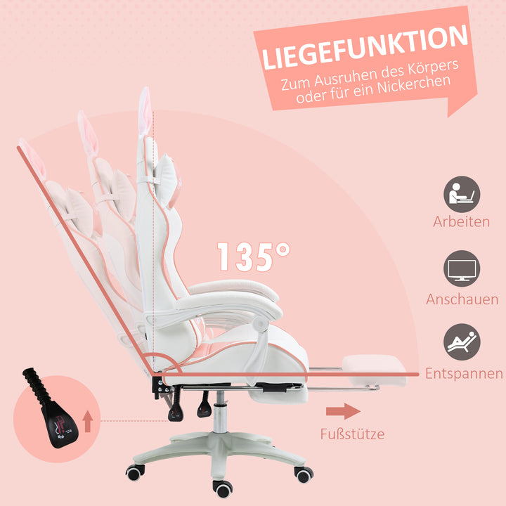 Gaming chair ergonomisk gamerstol med lændestøtte, fodstøtte, pude med kaninører, pink