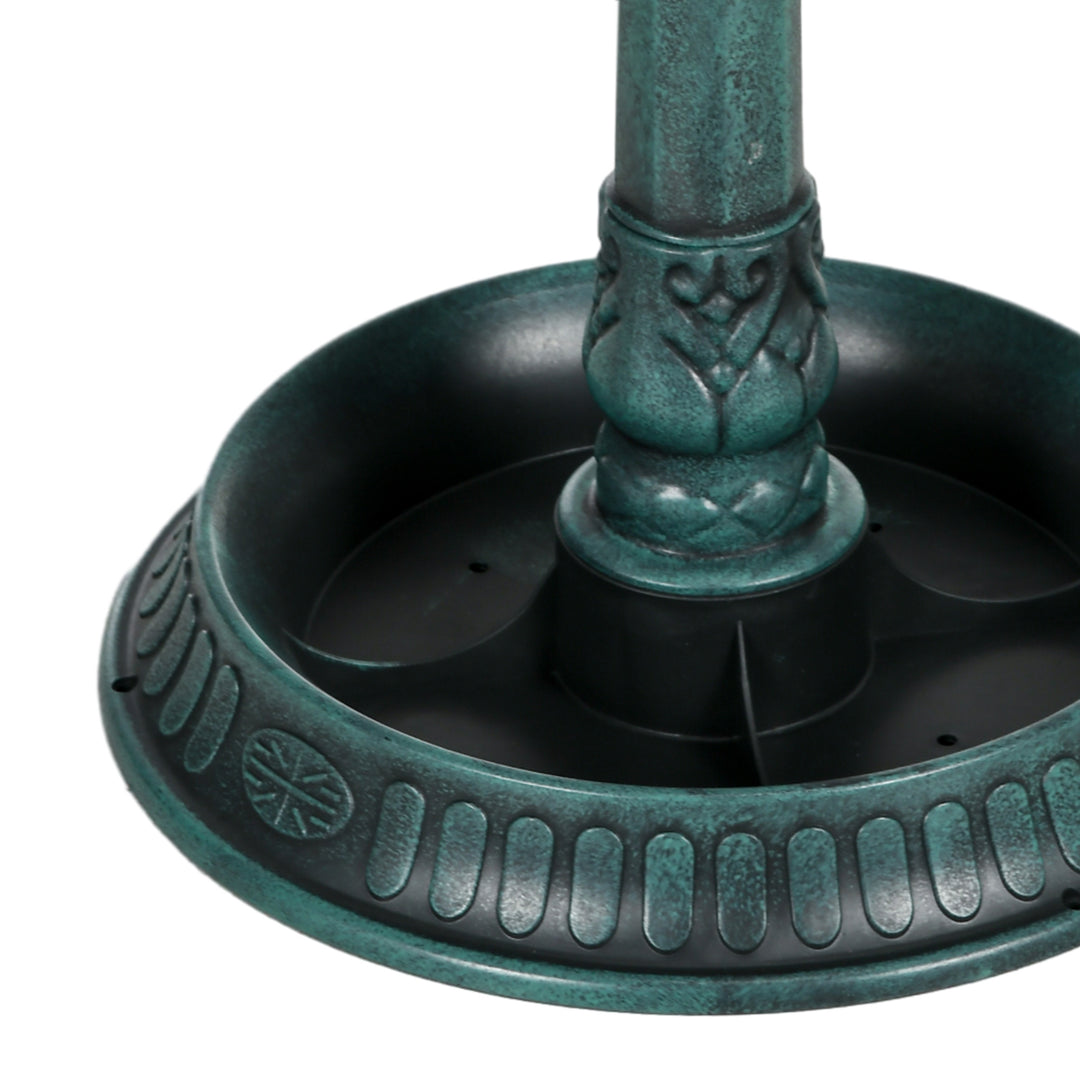 Fuglebad med statuer, 2 bassiner, plastik, antikt look, 49,5L x 38B x 81H cm, mørkegrøn