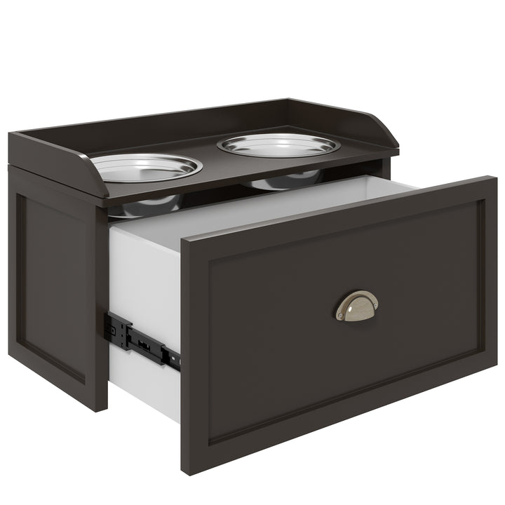 Hævet foderstation med 2 foderskåle, 2 skåle i rustfrit stål, 1 opbevaringsrum, 60 x 30 x 36 cm, brun