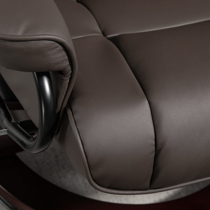 Lænestol med fodskammel, drejelig og vipbar, betræk i kunstlæder, op til 150 kg, træstel, brun