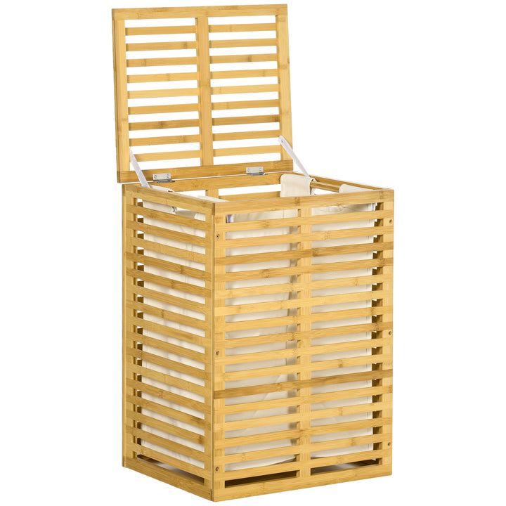 Bambus vasketøjskurv med 63 l vasketøjsopsamler med låg vasketøjspose, stang 44 x 37 x 62,5 cm naturtræ