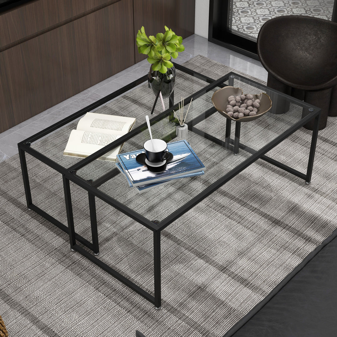 Sæt med 2 sofaborde, glasborde, med pulverlakeret stål, sort + transparent