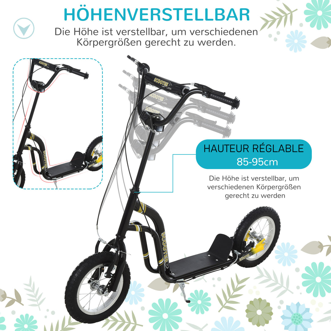 Børneløbehjul fra 5 år løbehjul børneløbehjul sparkløbehjul city scooter børneløbehjul kickboard med luftgummidæk 12 tommer gummi aluminium sort 120 x 58 x 85-95 cm