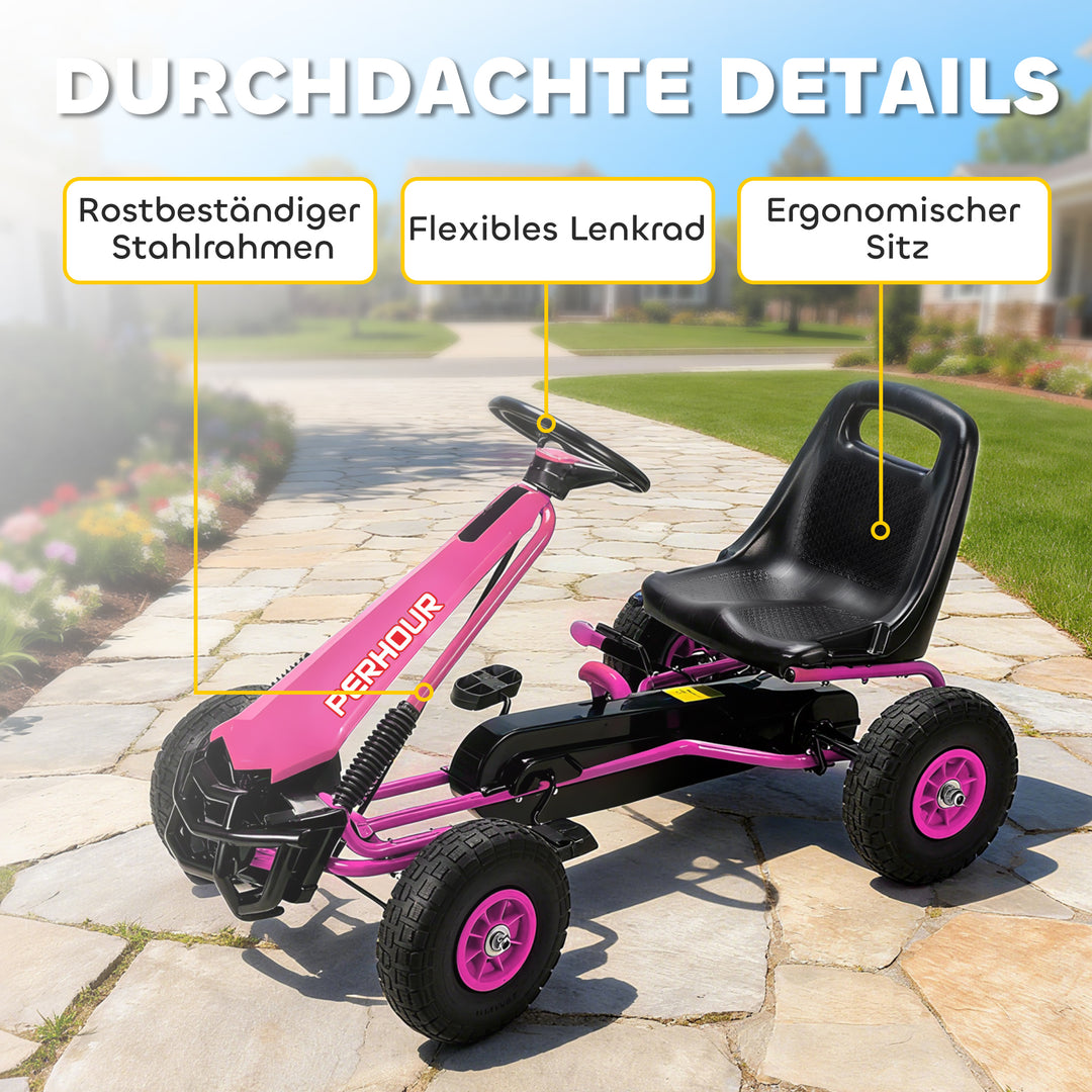 Pedal-gokart til børn, højdejusterbart sæde, EVA-hjul, bremse, kobling, alder 3-8, pink