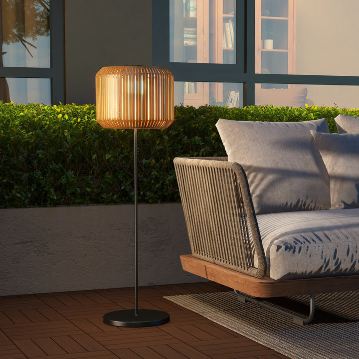 Rattan udendørslampe, solcelledrevet havelampe, automatisk tænding, LED, vejrbestandig, metalramme, Ø34 x 130 cm, sort/gul