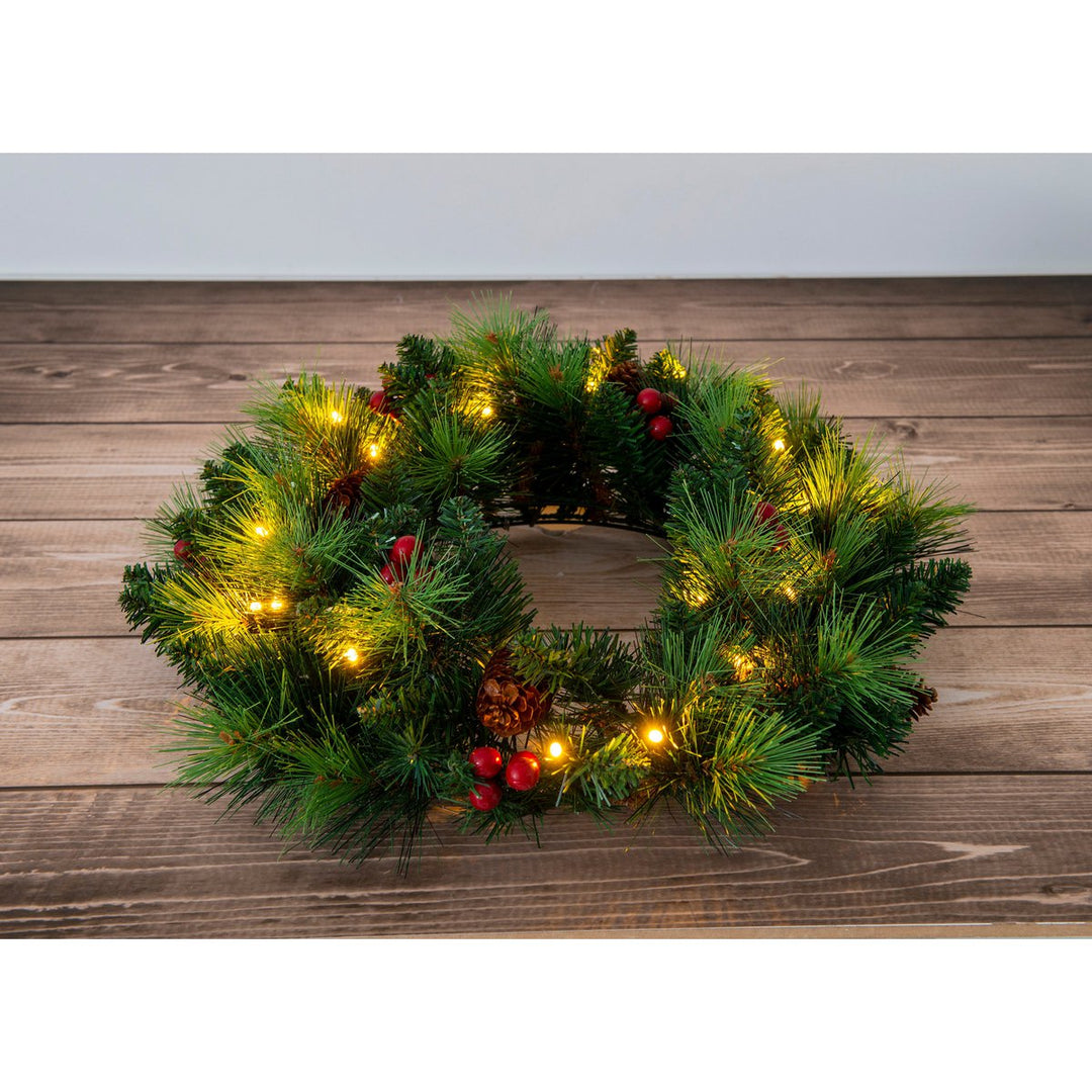 LED julekrans "Noel" udendørs dekoration lavet af metal og plast i grønt og guld, med fast installerede LED'er