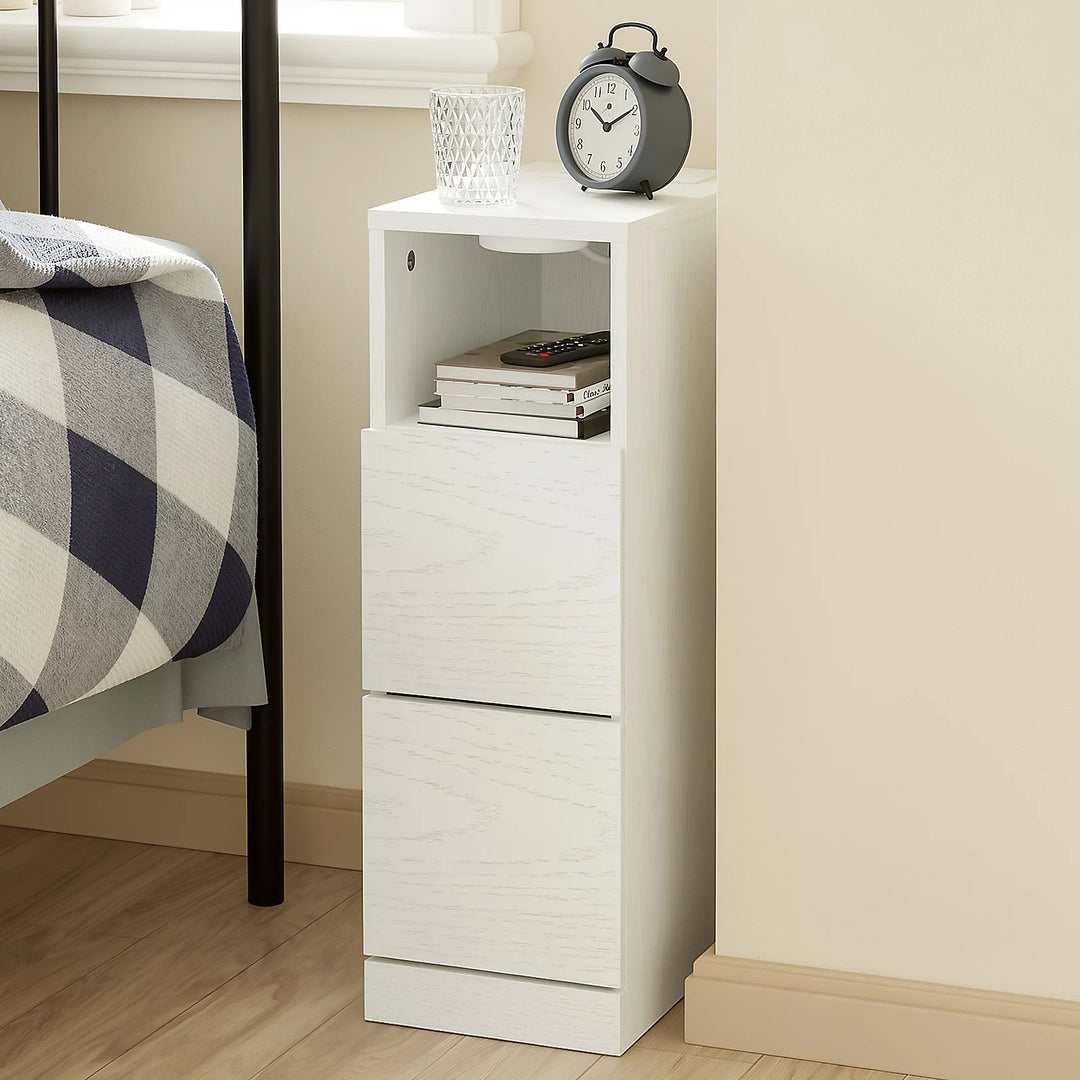 Sengebord med 2 skuffer, ladestation og LED-lys – hvid