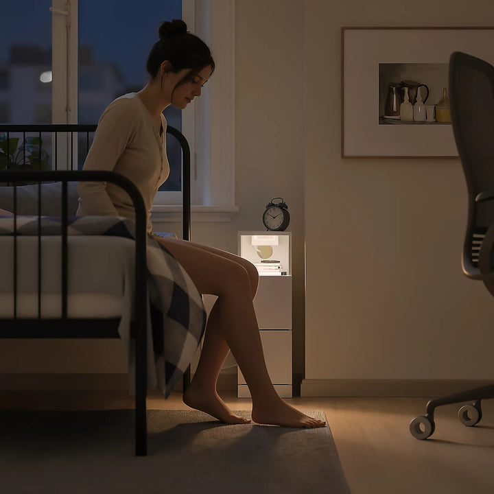 Sengebord med 2 skuffer, ladestation og LED-lys – hvid