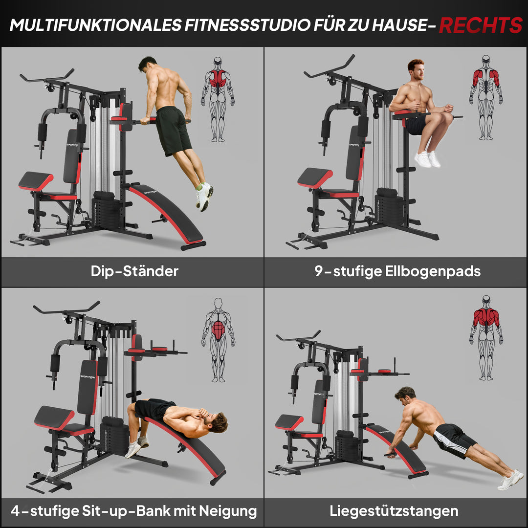 Multifunktionel træningsstation med 65 kg vægtstak, justerbar, til hjemmetræning, stål, kunstlæder