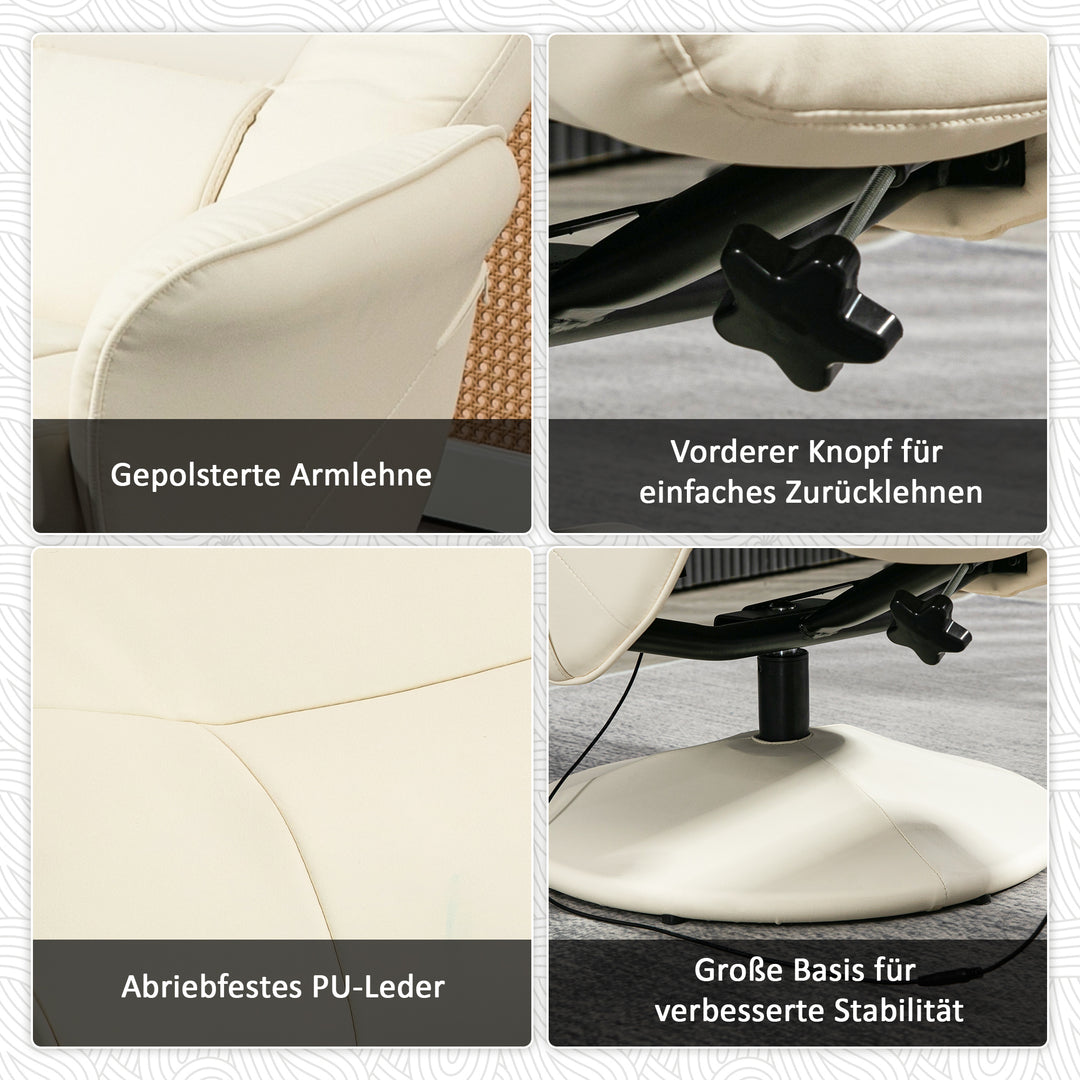 Massagestol med fodskammel, ergonomisk stol med 10 vibrationspunkter, kunstlæder, 76 x 81 x 105 cm, cremehvid