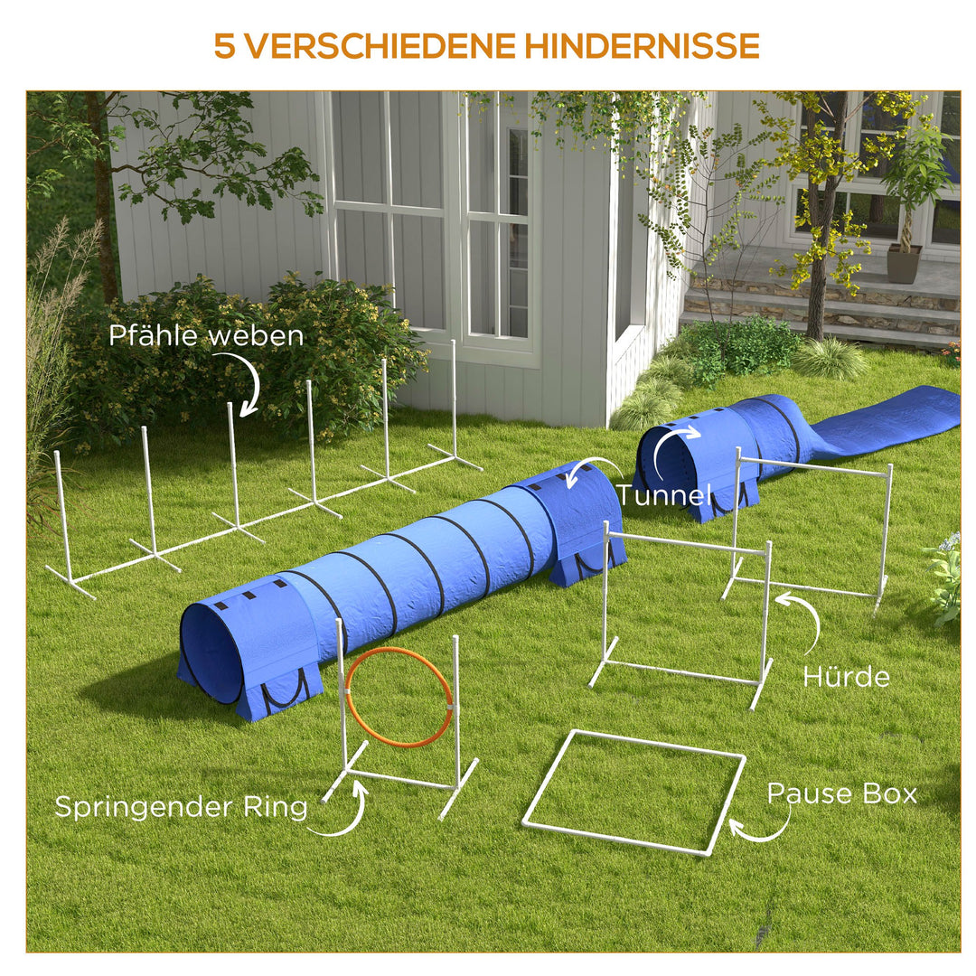 Agility sæt til hunde, 1 dæk, 2 tunneler, 2 hækkeløb, 321 cm x 63 cm x 93 cm, blå + rød + hvid
