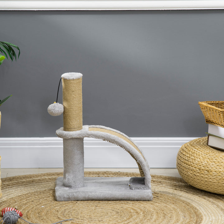 Kradsetræ til katte, jutebetræk, hængebold med klokke, kradsebræt, 34 x 24 x 43 cm, grå