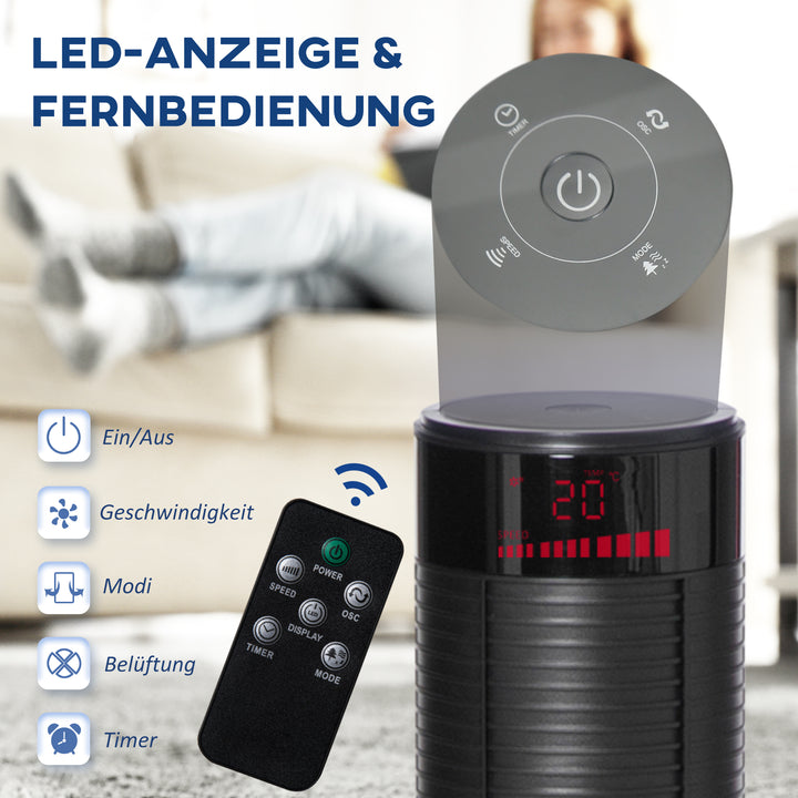 Stille tårnventilator med fjernbetjening, 117 cm, 70° oscillerende ventilator, standerventilator med 4 tilstande, 3 hastigheder, 12-timers timer, LED-display, sort