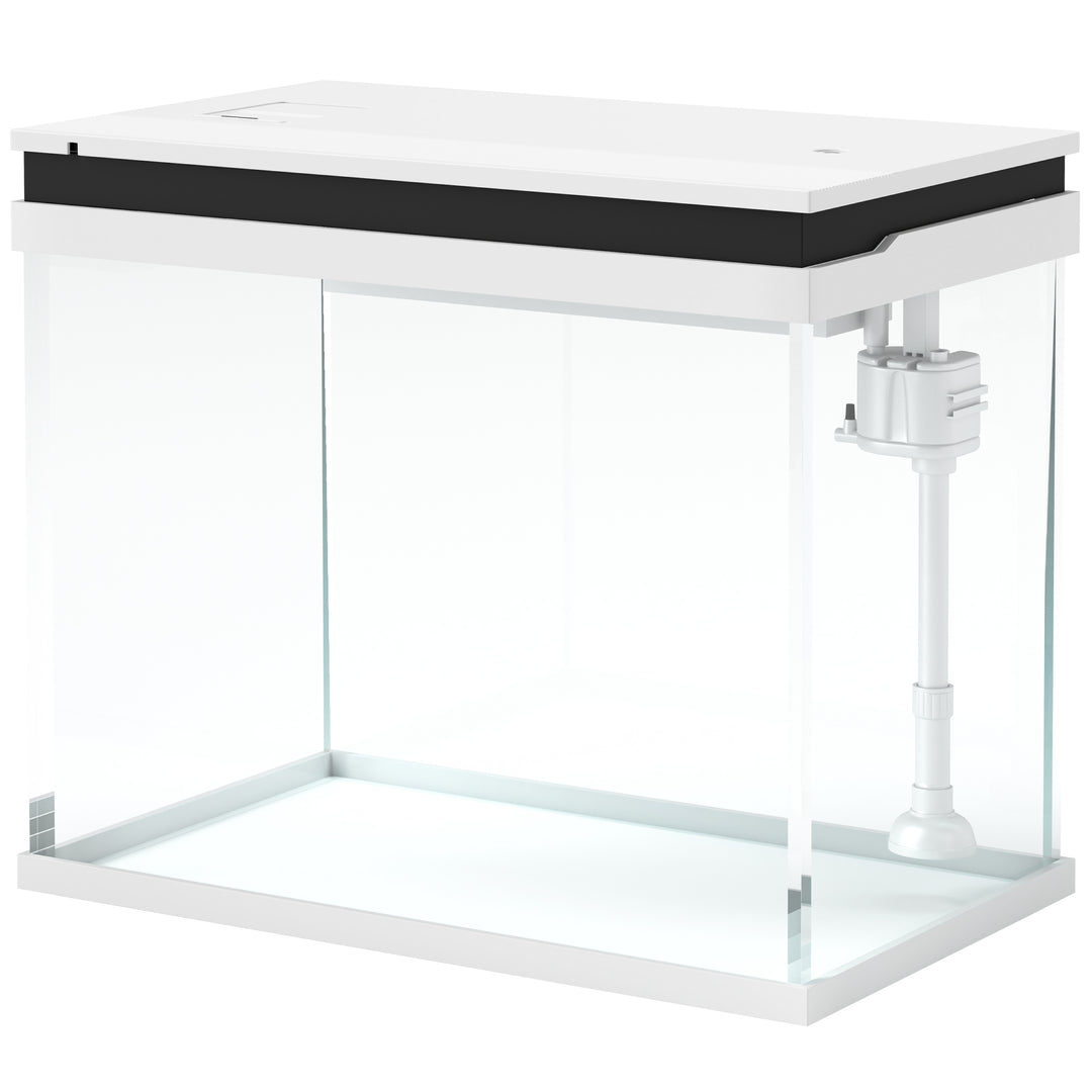 41-liters glasakvarium med filtersystem, LED-lys, vandpumpe, til forskellige fiskearter, hvid