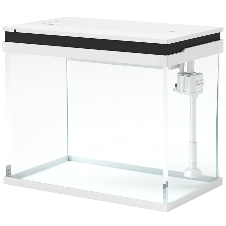 41-liters glasakvarium med filtersystem, LED-lys, vandpumpe, til forskellige fiskearter, hvid