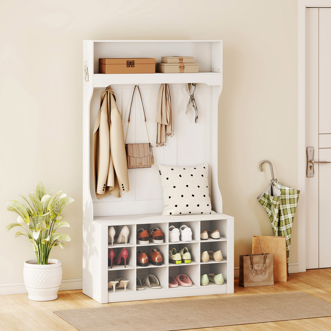 Garderobe med hylde, bænk, kroge, skorum, spånplade, MDF, hvid